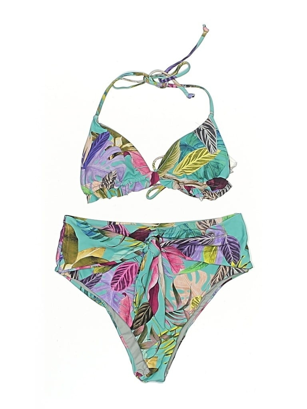 Tropical Leaf High-Waist Bikini Set in Aqua Multicolor